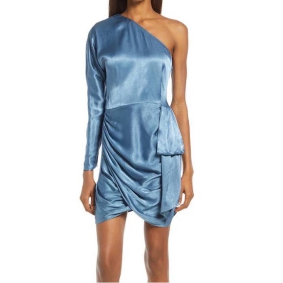 Elliatt Saronic Blue Satin One-Shoulder Long Sleeve Cocktail Dress Size Small - Picture 2 of 5